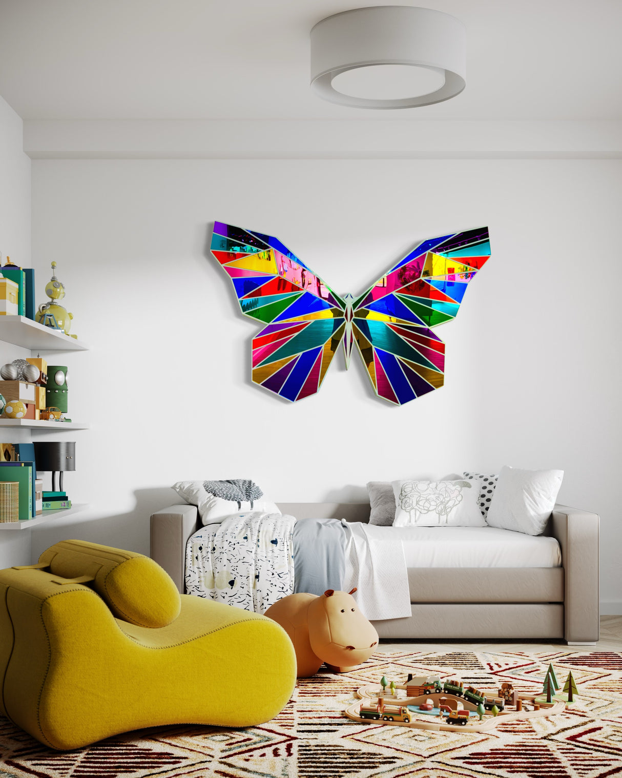 The Mirrored Acrylic Butterfly Contemporary Wall Art by uniqstiq adds vibrant charm above a sofa, enhancing a bright, modern kids’ room with playful decor.