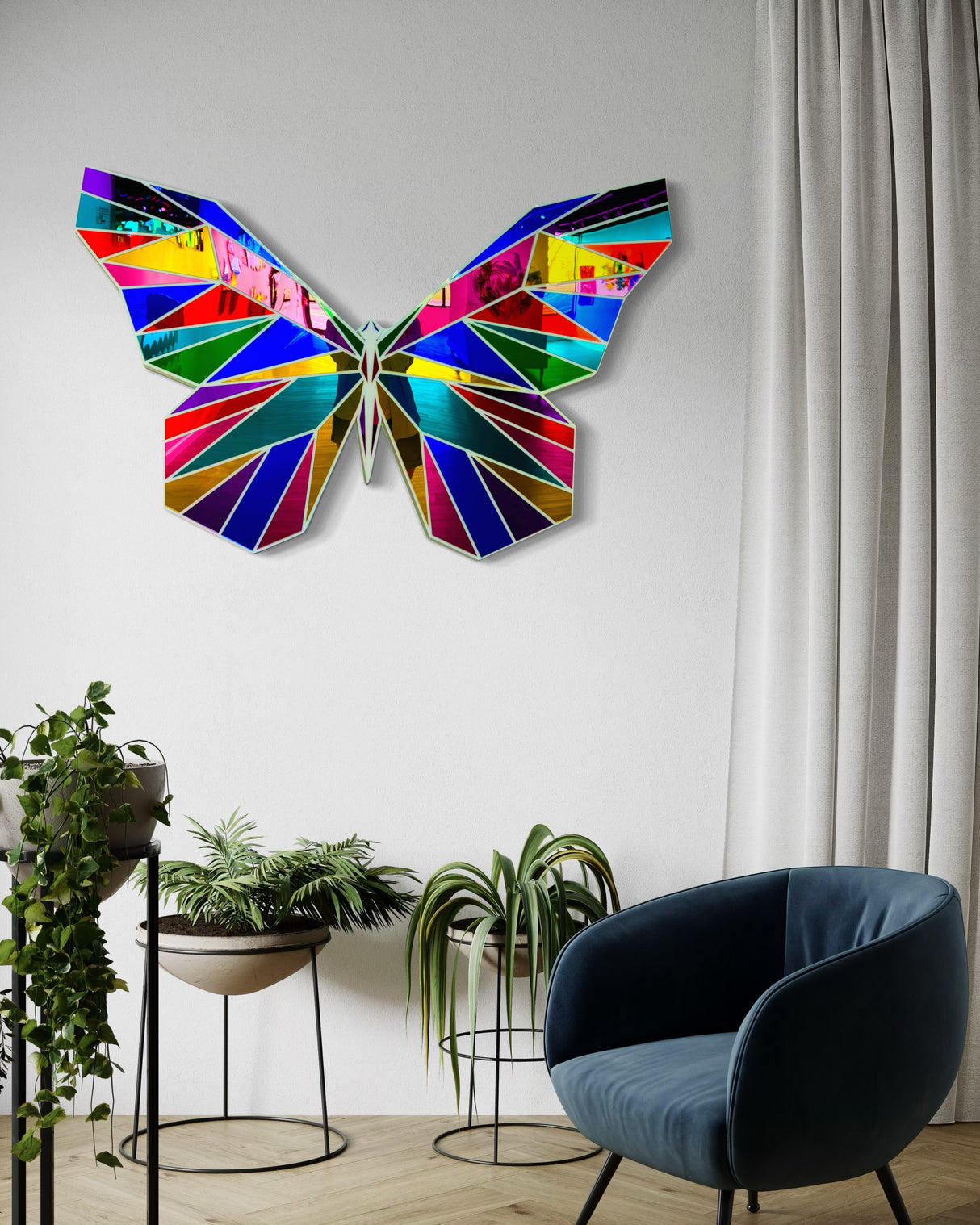 The uniqstiq Mirrored Acrylic Butterfly Contemporary Wall Art above plants and a blue chair brings vibrant style to this modern living room with white curtains.