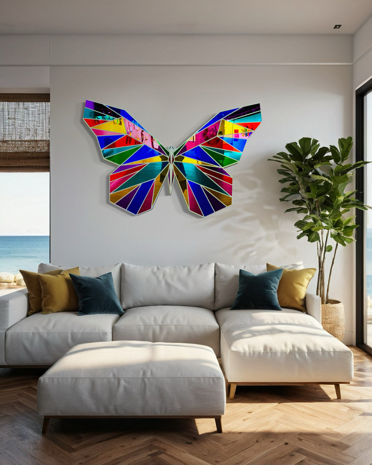 The uniqstiq Mirrored Acrylic Butterfly Contemporary Wall Art adds a modern touch above a beige sofa in a chic living room with an ocean view.