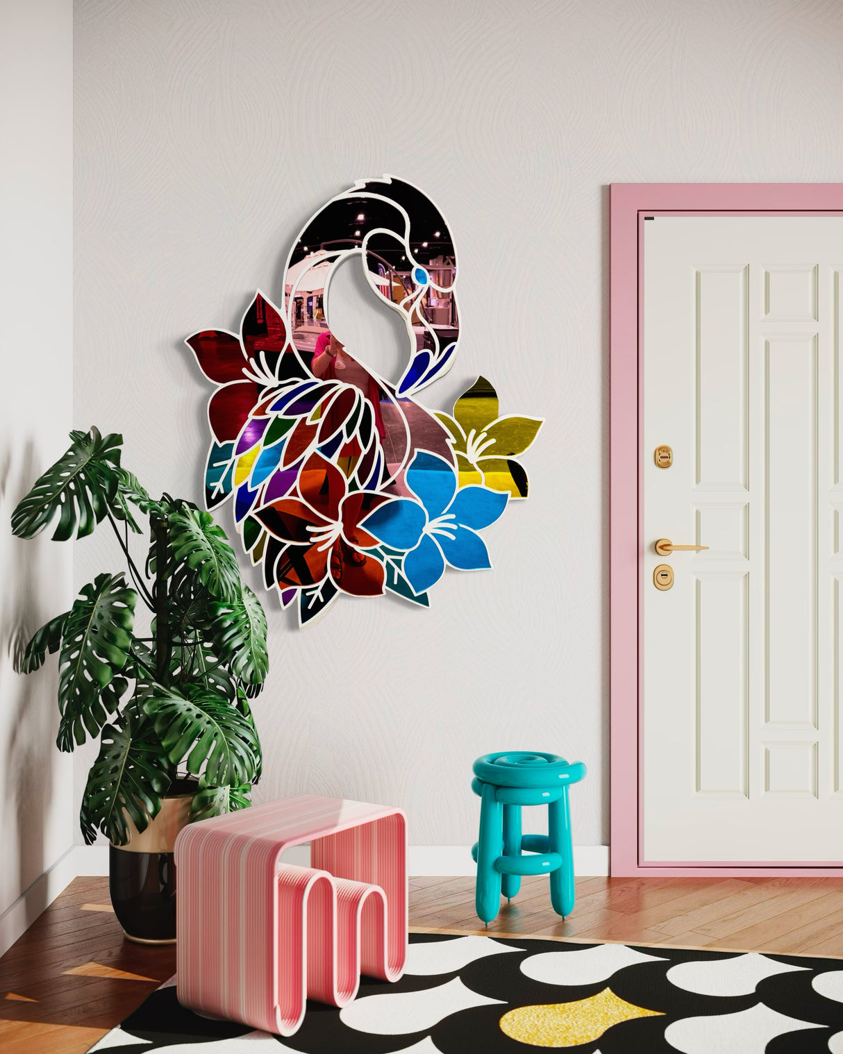 The uniqstiq Mirrored Flamingo, a colorful pop art-inspired abstract wall mirror shaped like flowers, is displayed above a plant near a white door and playful furniture.