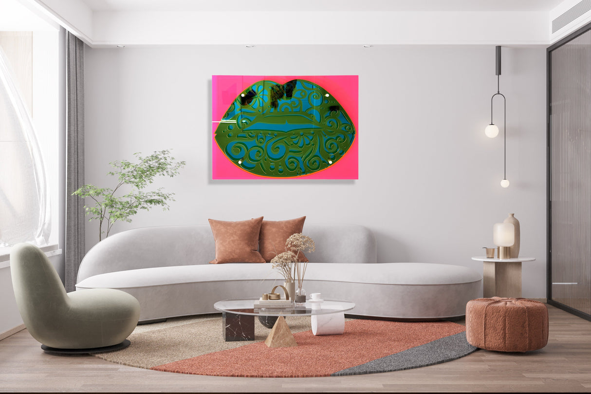 Modern living room with uniQstiQs Acrylic Lips 3D Art—a transparent pop art wall sculpture—paired with neutral furniture and natural light, ideal for contemporary decor.
