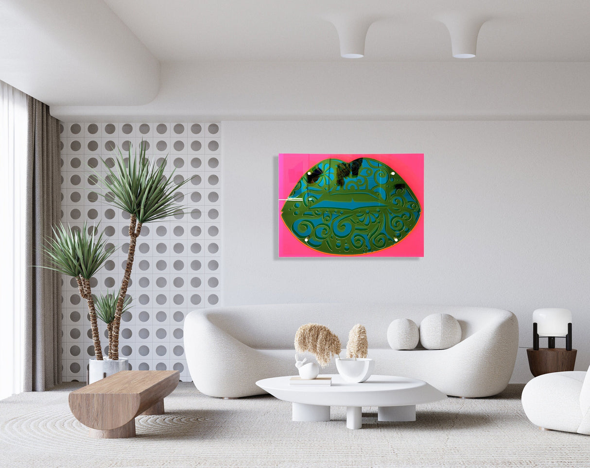 Modern living room with white furniture, plants, and uniQstiQs Acrylic Lips 3D Wall Sculpture—an abstract mirror wall decor piece made in the USA—adds a bold pop art touch to your contemporary home.