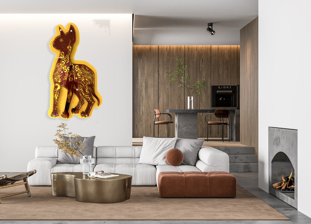 Modern living room with contemporary decor, featuring uniQstiQs 3D Cat Large Sphynx Wall Sculpture, mirrored wall art, neutral furniture, gold tables, and a kitchen in the background.