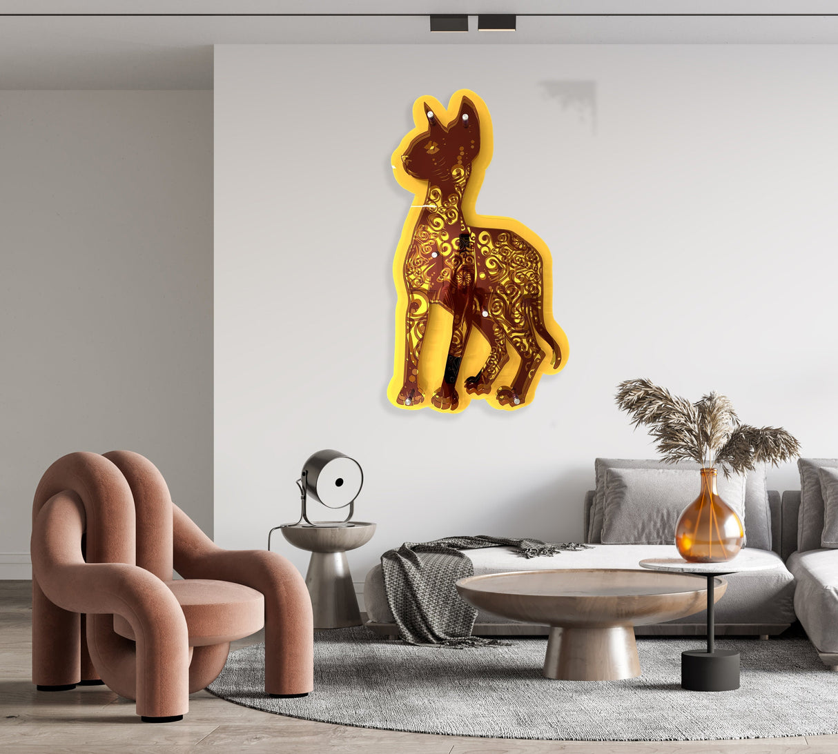 Modern living room featuring uniQstiQs 3D Sphynx Cat acrylic wall sculpture—large mirrored animal art that adds a contemporary touch to your space, ideal for fans of unique modern home decor.