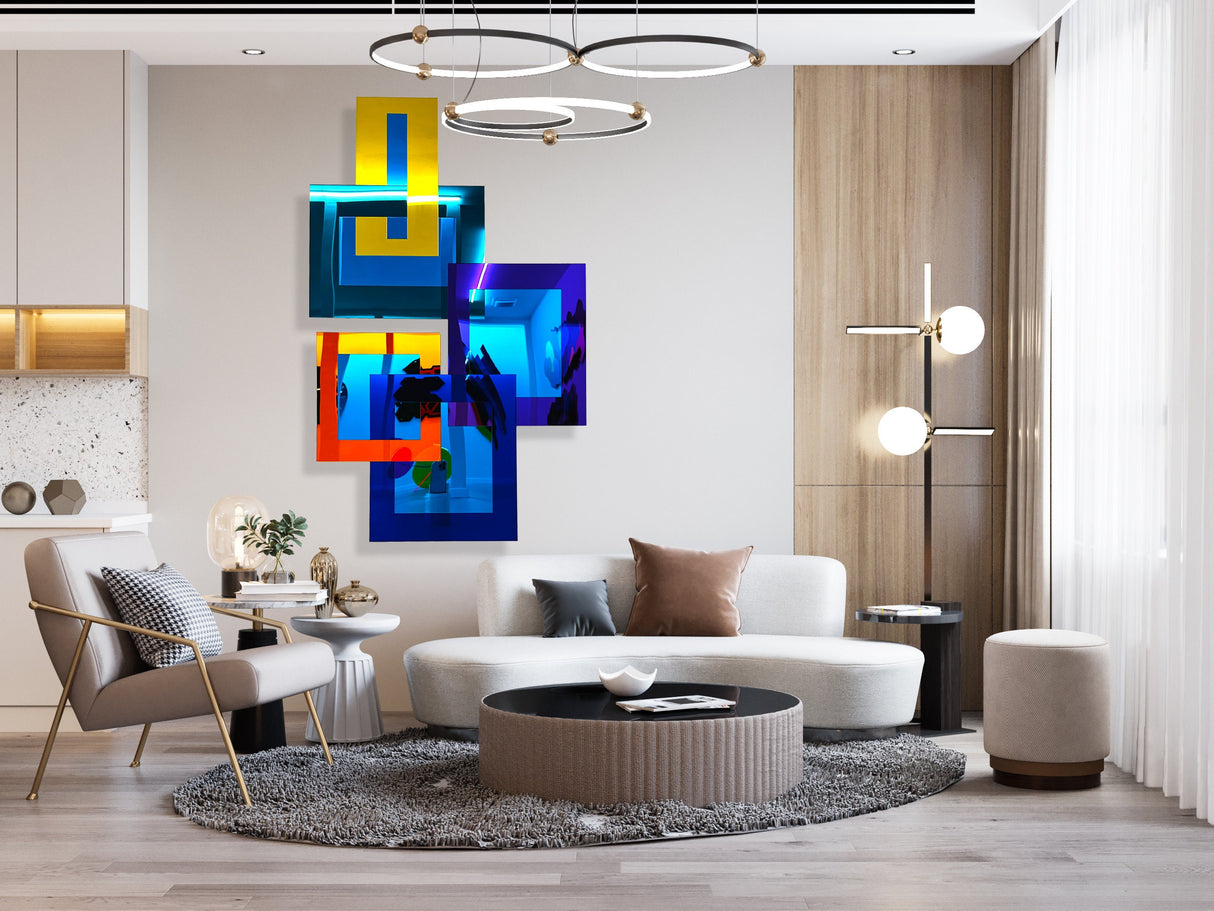 Modern living room with uniQstiQ Mirrored Geometric Wall Art in blue, vibrant wall decor, a round coffee table, and neutral seating by large windows.