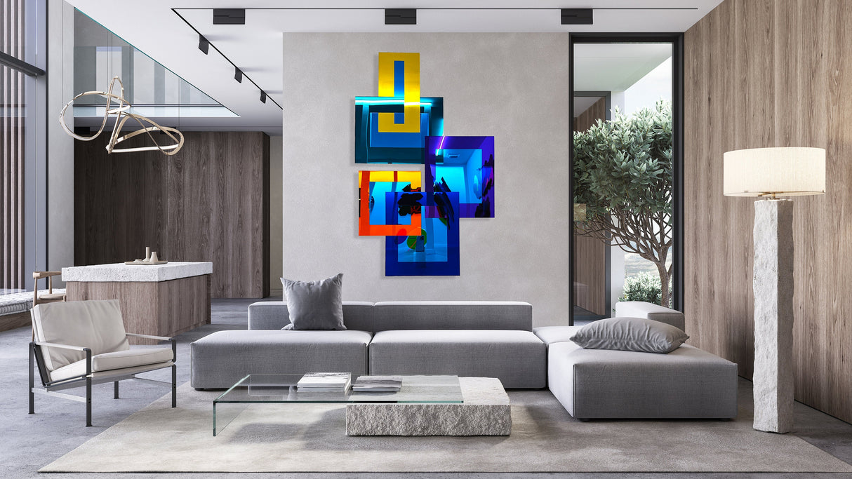 Modern living room with gray sofas, glass table, and uniQstiQ’s Mirrored Geometric Wall Art in blue as striking 3D contemporary decor above the couch.