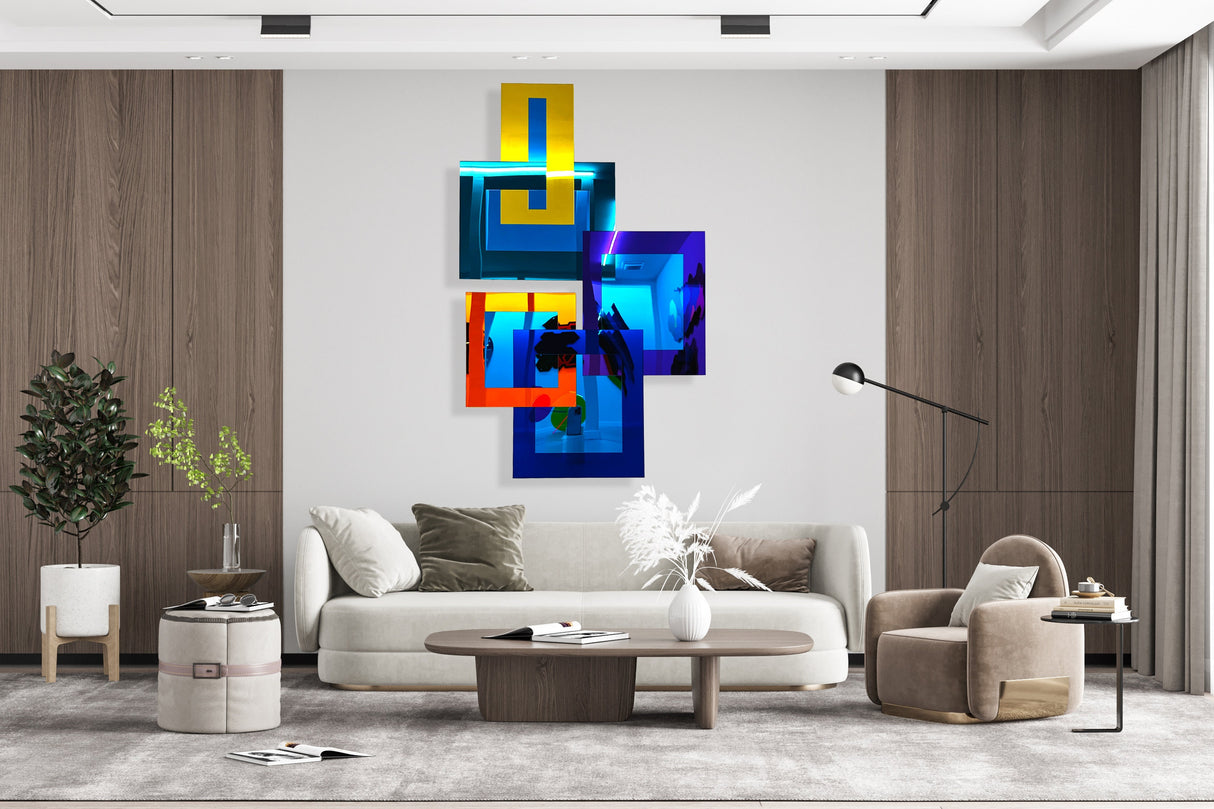 Modern living room with neutral furniture and uniQstiQ’s Mirrored Geometric Wall Art—a striking blue 3D abstract wall hanging—above the sofa for a contemporary touch.