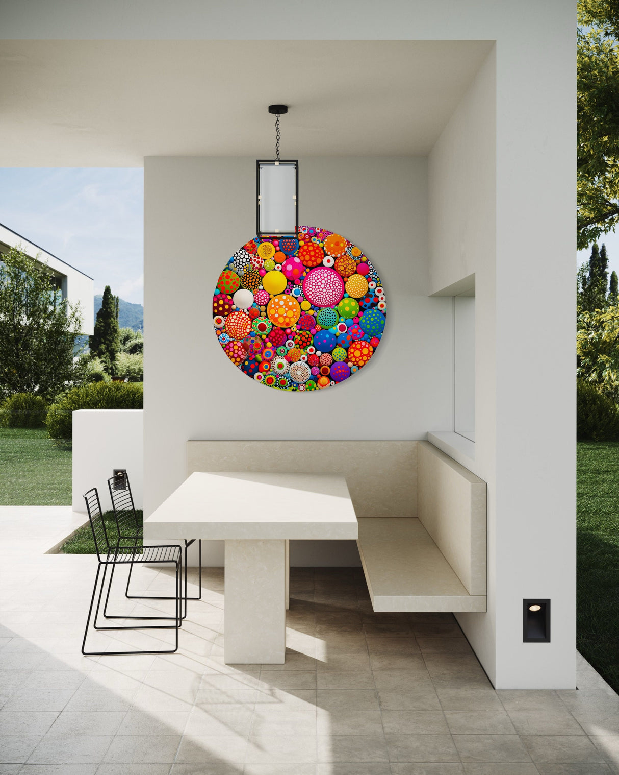 A modern outdoor seating area features the uniQstiQ Pop Art Wall #96 Sculpture, an extra large acrylic graffiti art piece above a white table and bench, bringing a playful, mid-century modern vibe to the space.