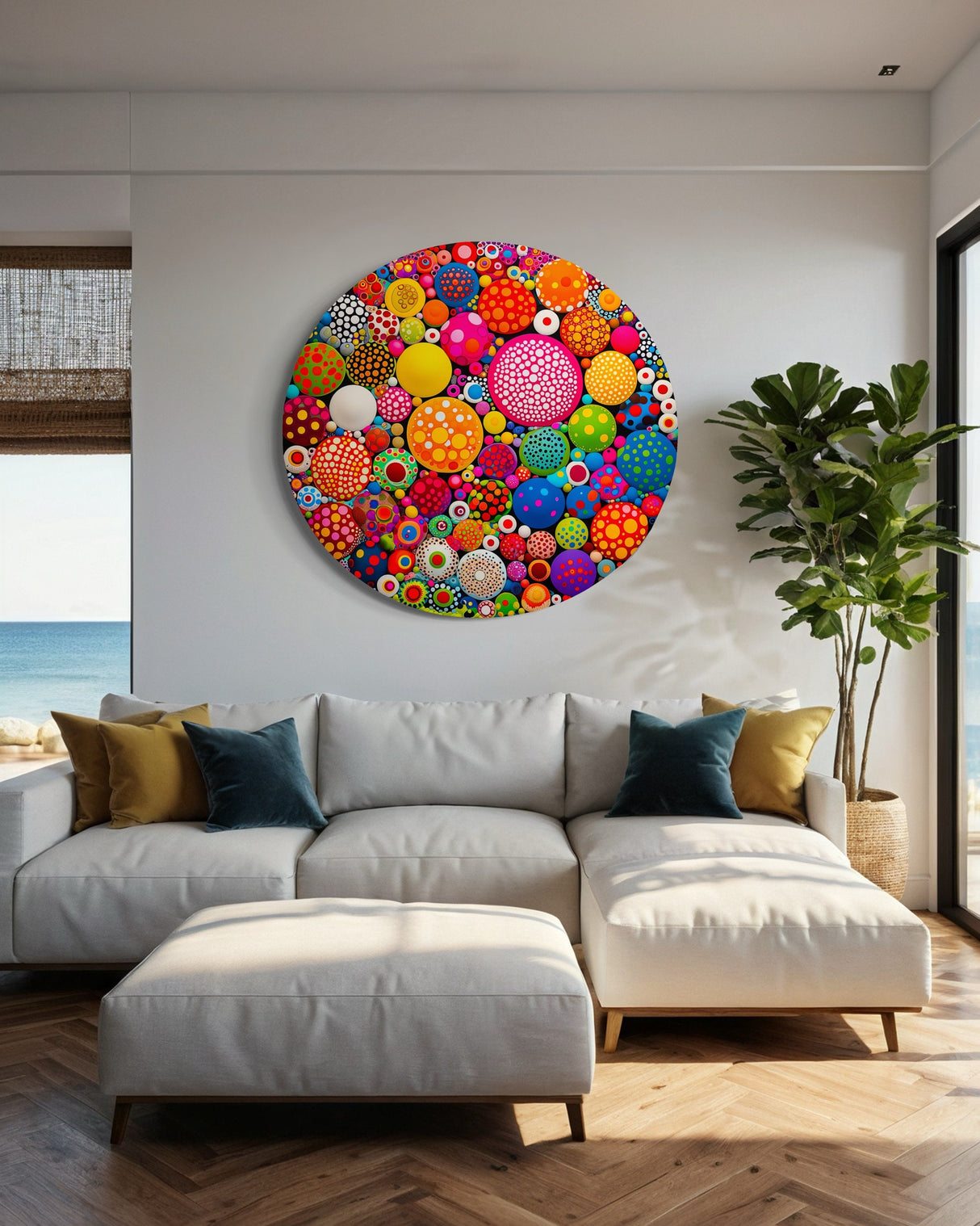 A contemporary living room features uniQstiQ’s Pop Art Wall #96 Sculpture Graffiti Art, an extra large acrylic wall art, displayed above a beige sofa with an ocean view in the background.