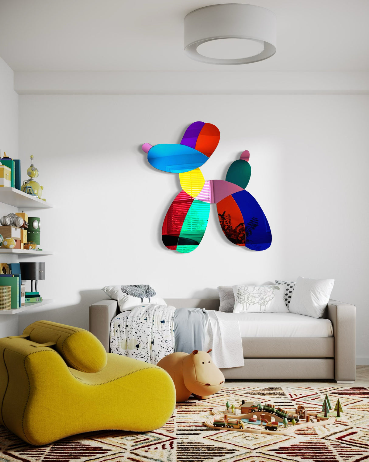 The uniQstiQ Mirrored Dog Balloon Dog Decor Acrylic Art Wall Sculpture above a white sofa brings a playful vibe to this modern kidsโ room, with toys scattered across the floor.