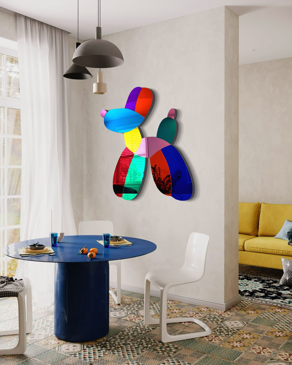 The uniQstiQ Mirrored Dog Balloon Dog Decor Acrylic Art Wall Sculpture adds a colorful, modern touch to a bright room with blue dining table, white chairs, and mid-century decor accents.