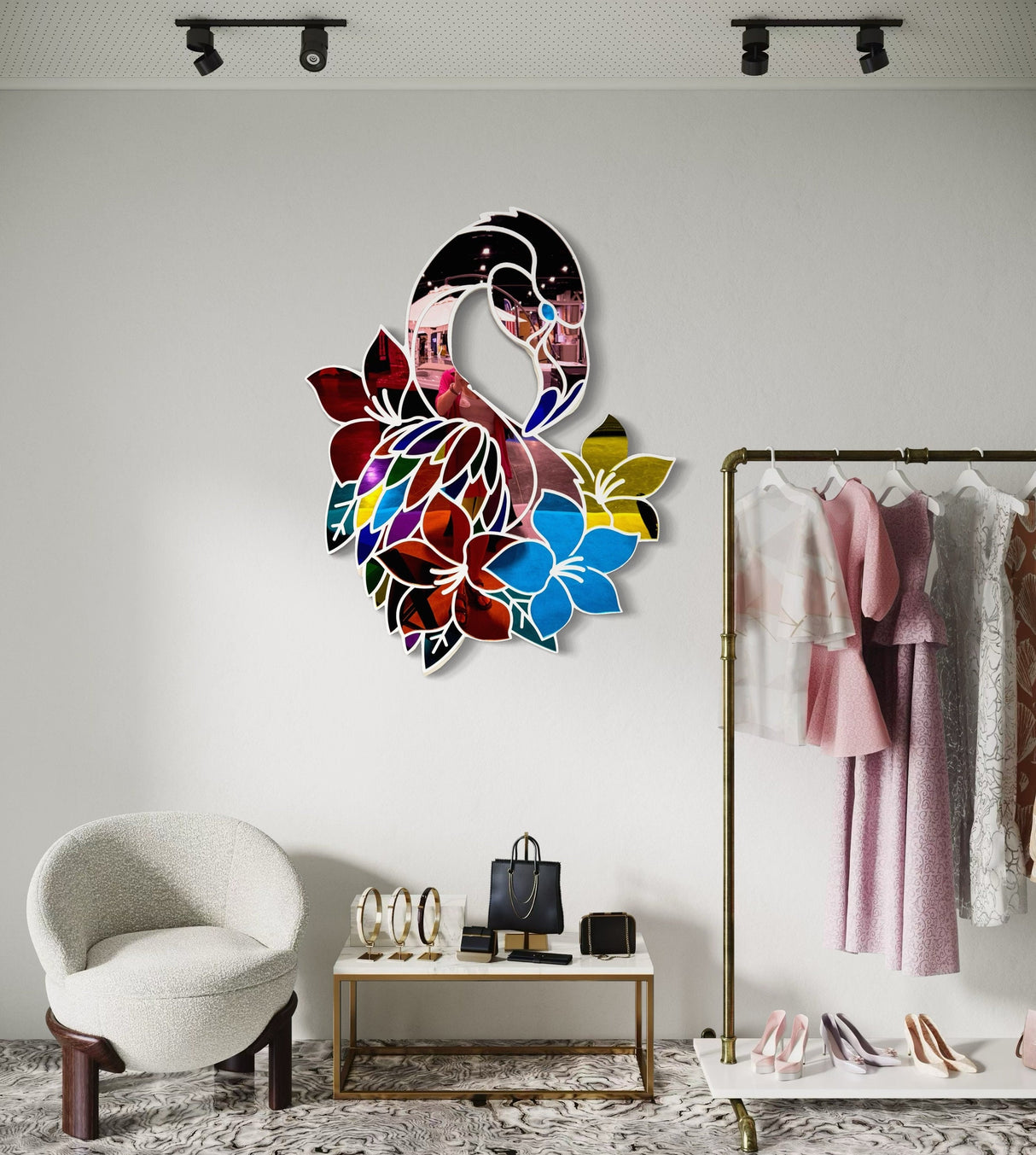 Modern room styled with uniqstiq’s Mirrored Flamingo wall art, pop art decor, a clothes rack, white chair, plus bags and shoes on display.