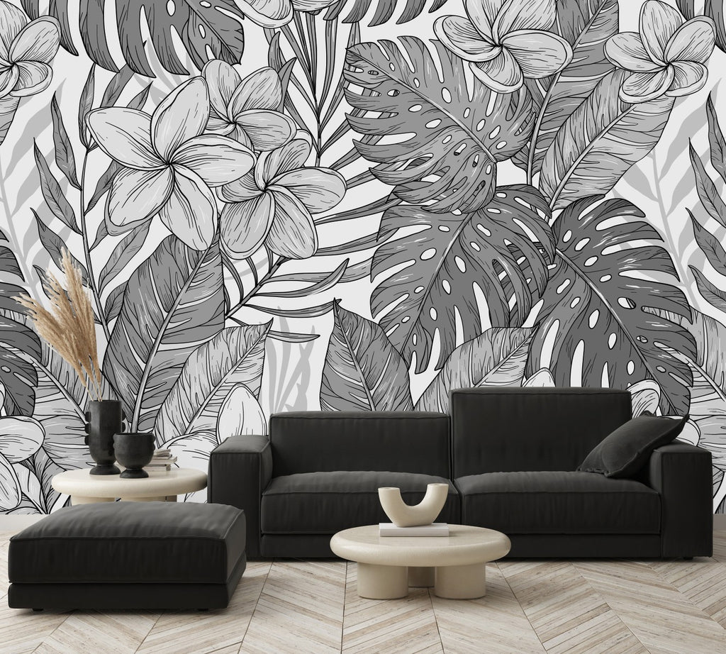 Black and White Exotic Leaves Wallpaper  uniQstiQ Murals