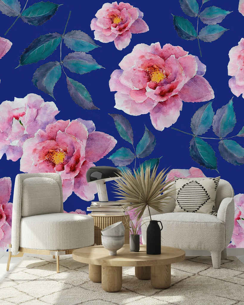 Pink Roses on Blue Wallpaper uniQstiQ Murals