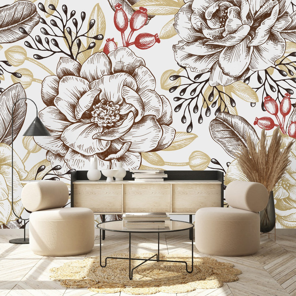 Beige Flowers and Leaves Wallpaper  uniQstiQ Murals