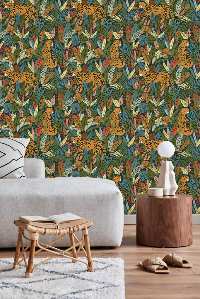 Leopard Between Multicolored Leaves Wallpaper
