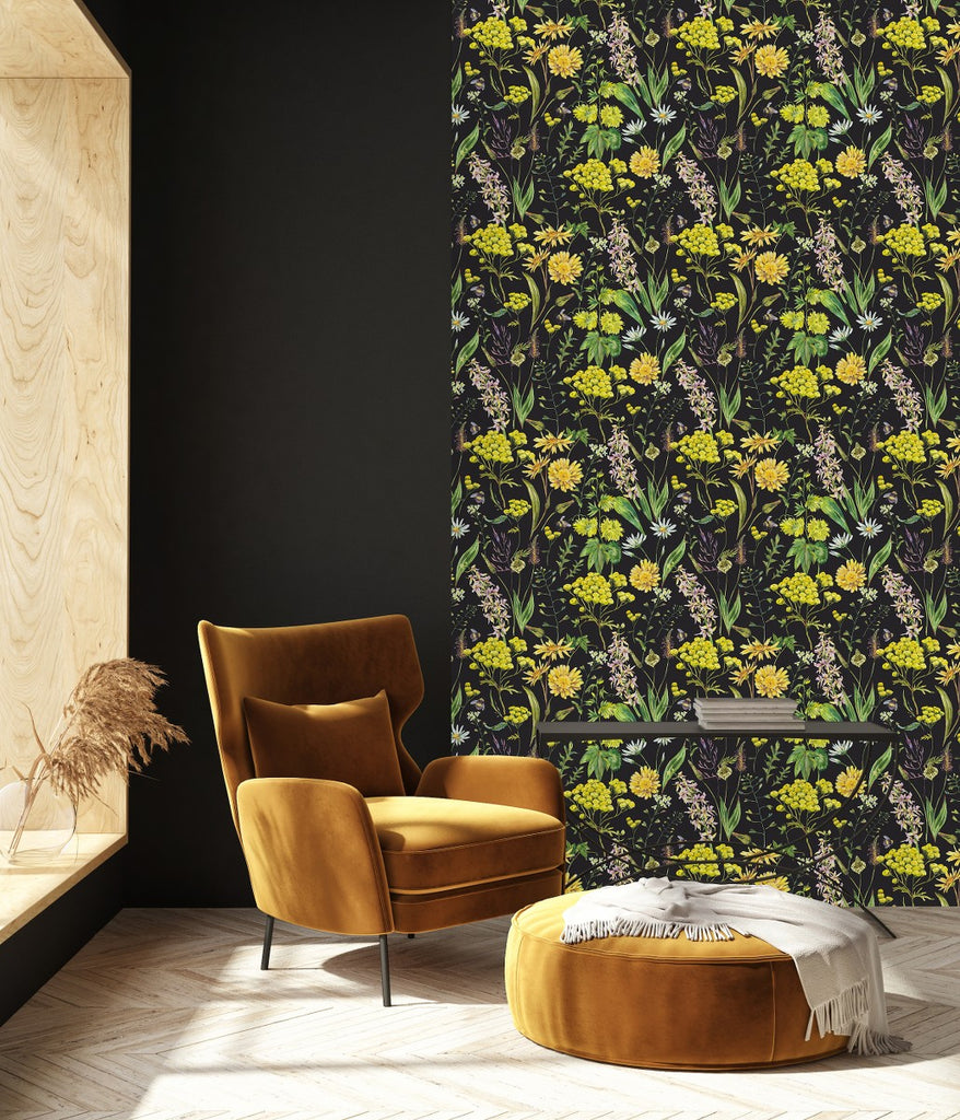 Dark Wallpaper with Yellow Flowers uniQstiQ Floral