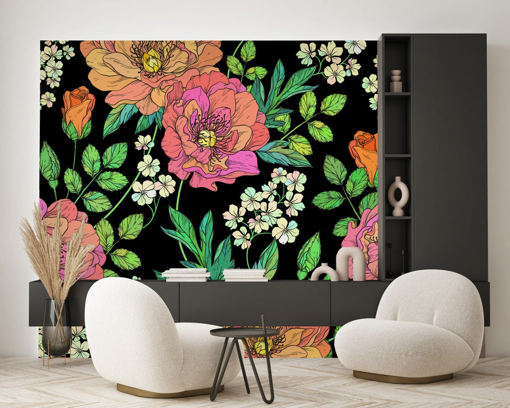 Black Wallpaper with Brightly Flowers uniQstiQ Murals