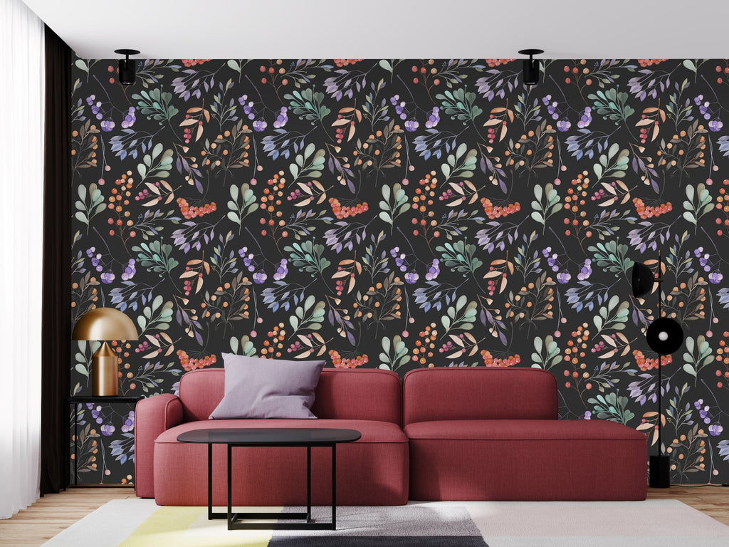 Dark Wallpaper with Berries and Leaves uniQstiQ Botanical