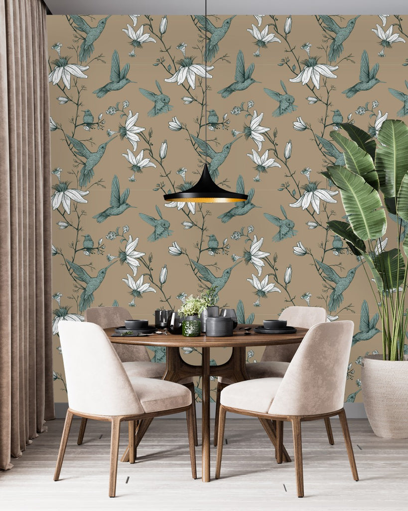 Dark Beige Wallpaper with Hummingbird  uniQstiQ Vintage
