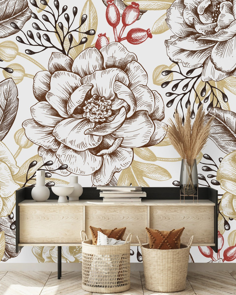 Beige Flowers and Leaves Wallpaper  uniQstiQ Murals