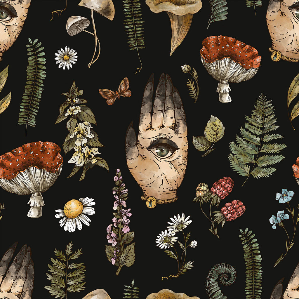 Dark Wallpaper with Hands and Mushrooms Pattern uniQstiQ Vintage