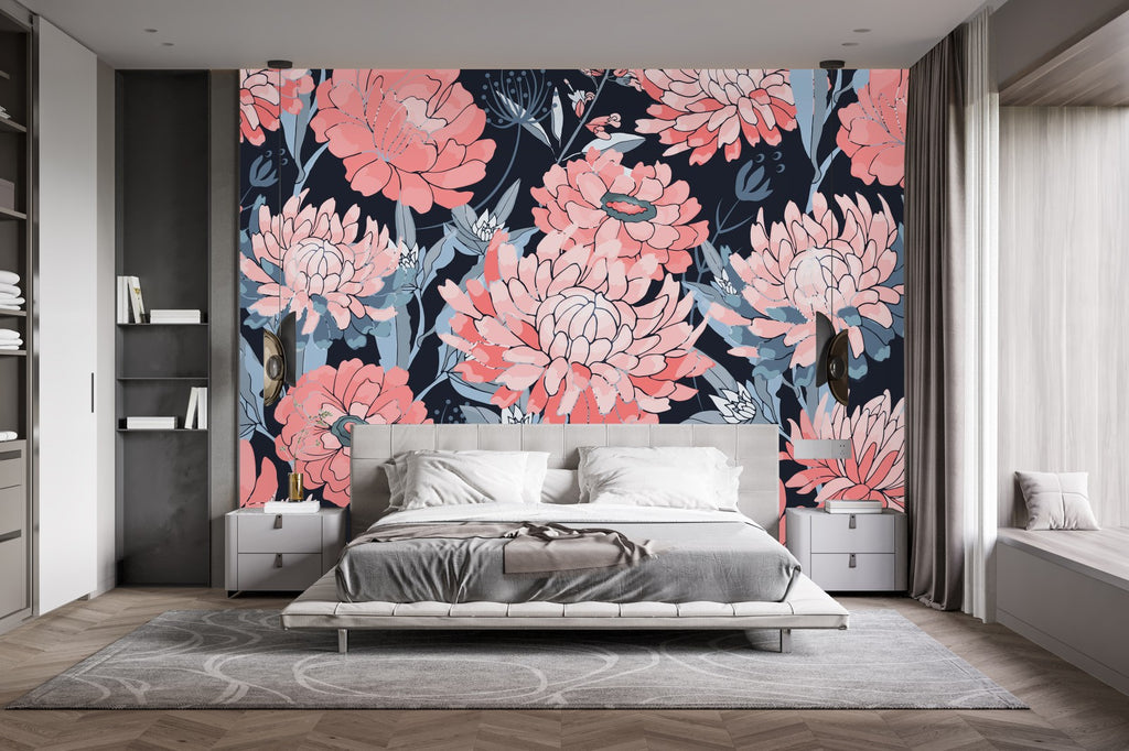 Pink Flowers with Grey Leaves Wallpaper uniQstiQ Long Murals