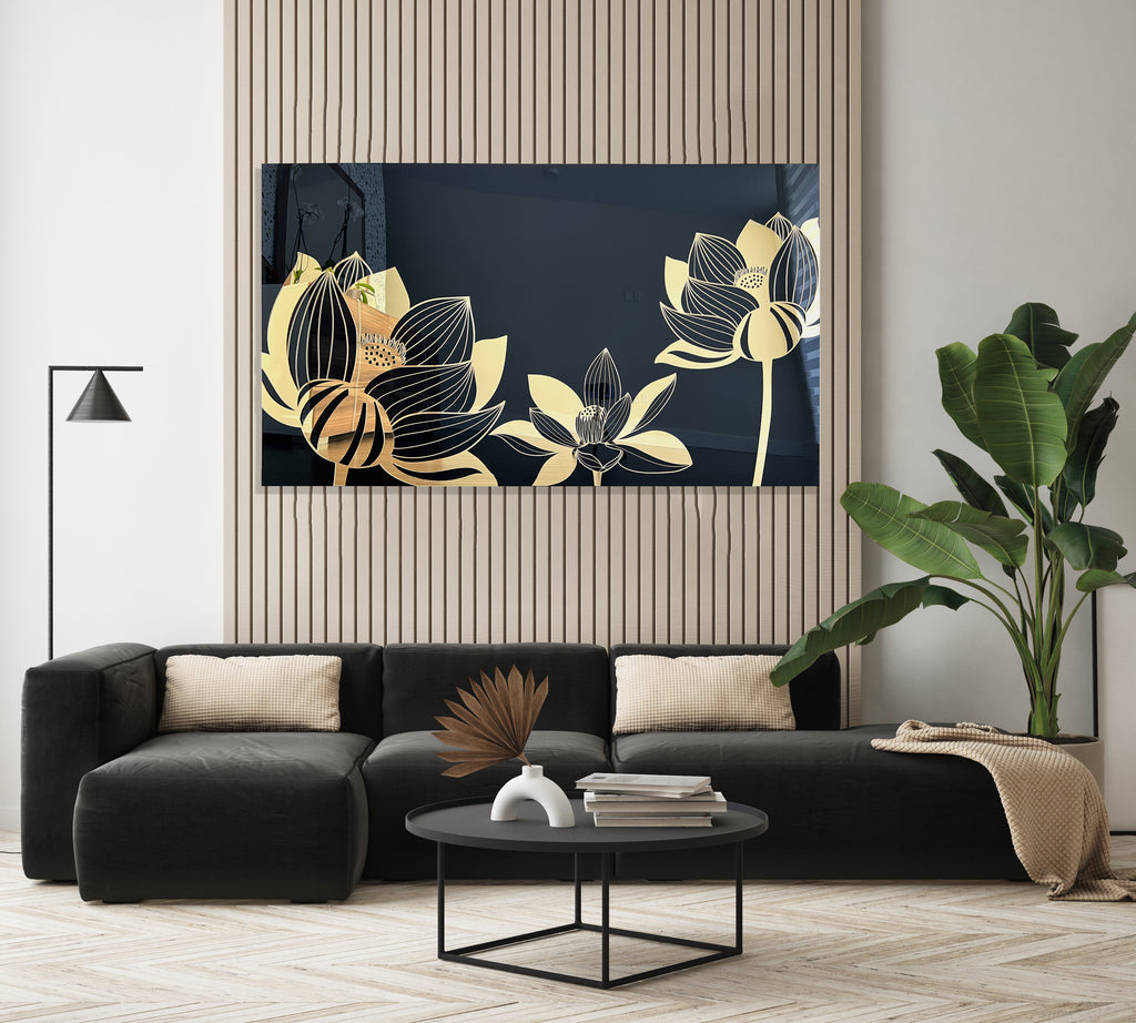 black-and-gold-extra-large-mirrored-acrylic-wall-art-made-in-usa-luxury-gift-wall-decor-modern-art-lotus-flower