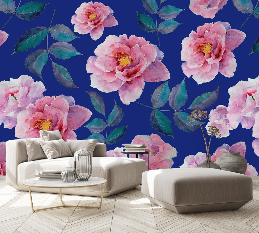 Pink Roses on Blue Wallpaper uniQstiQ Murals