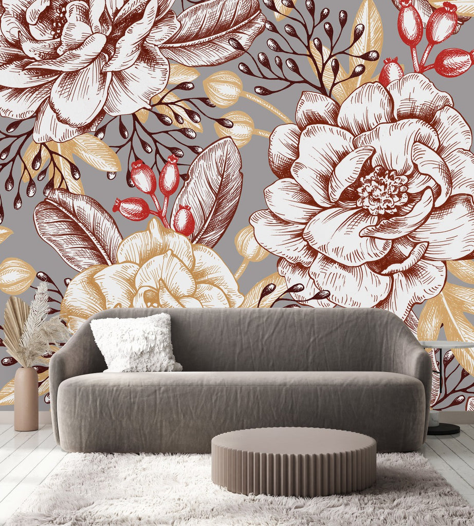 Grey Large Floral Wallpaper uniQstiQ Murals