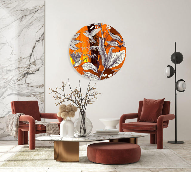Beige Birds and Leaves Mirrored Acrylic Circles Contemporary Home DǸcor Printed acrylic