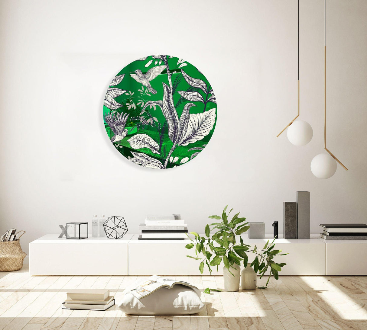 Beige Birds and Leaves Mirrored Acrylic Circles Contemporary Home DǸcor Printed acrylic