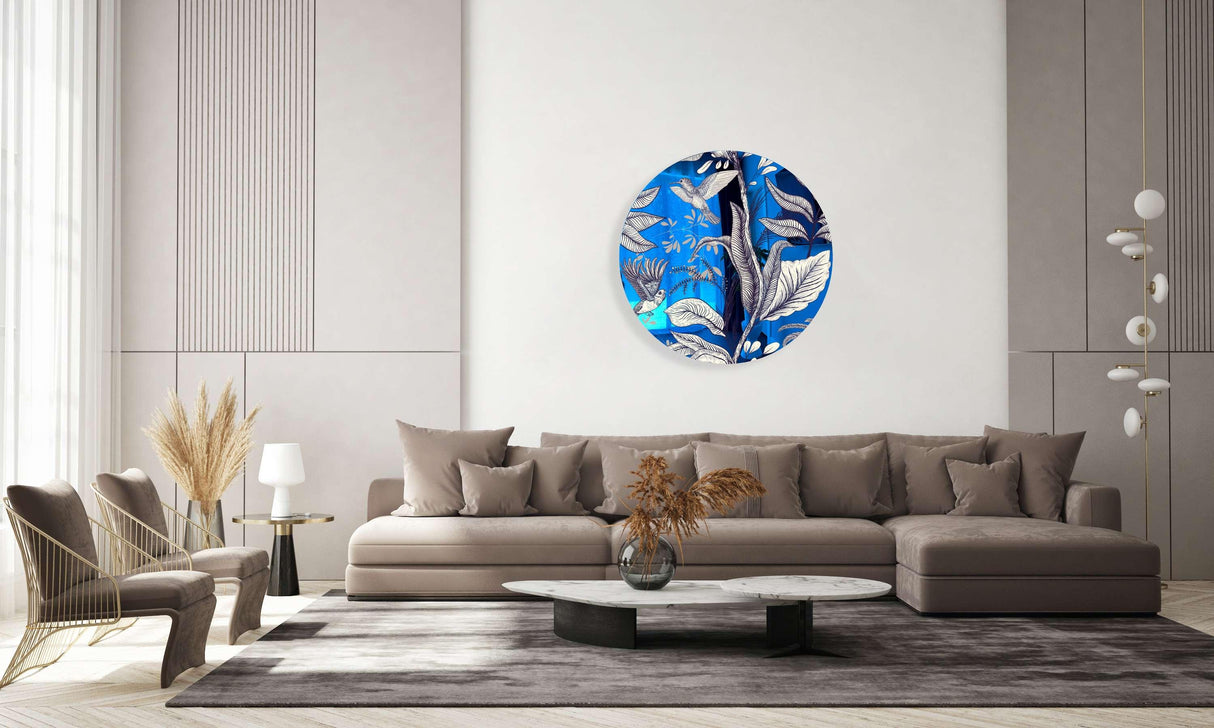 Beige Birds and Leaves Mirrored Acrylic Circles Contemporary Home DǸcor Printed acrylic
