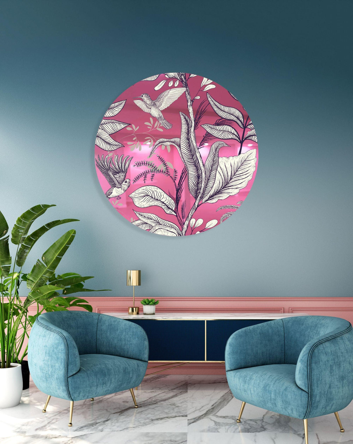 Beige Birds and Leaves Mirrored Acrylic Circles Contemporary Home DǸcor Printed acrylic