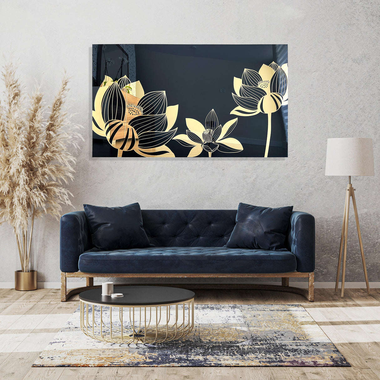black-and-gold-extra-large-mirrored-acrylic-wall-art-made-in-usa-luxury-gift-wall-decor-modern-art-lotus-flower