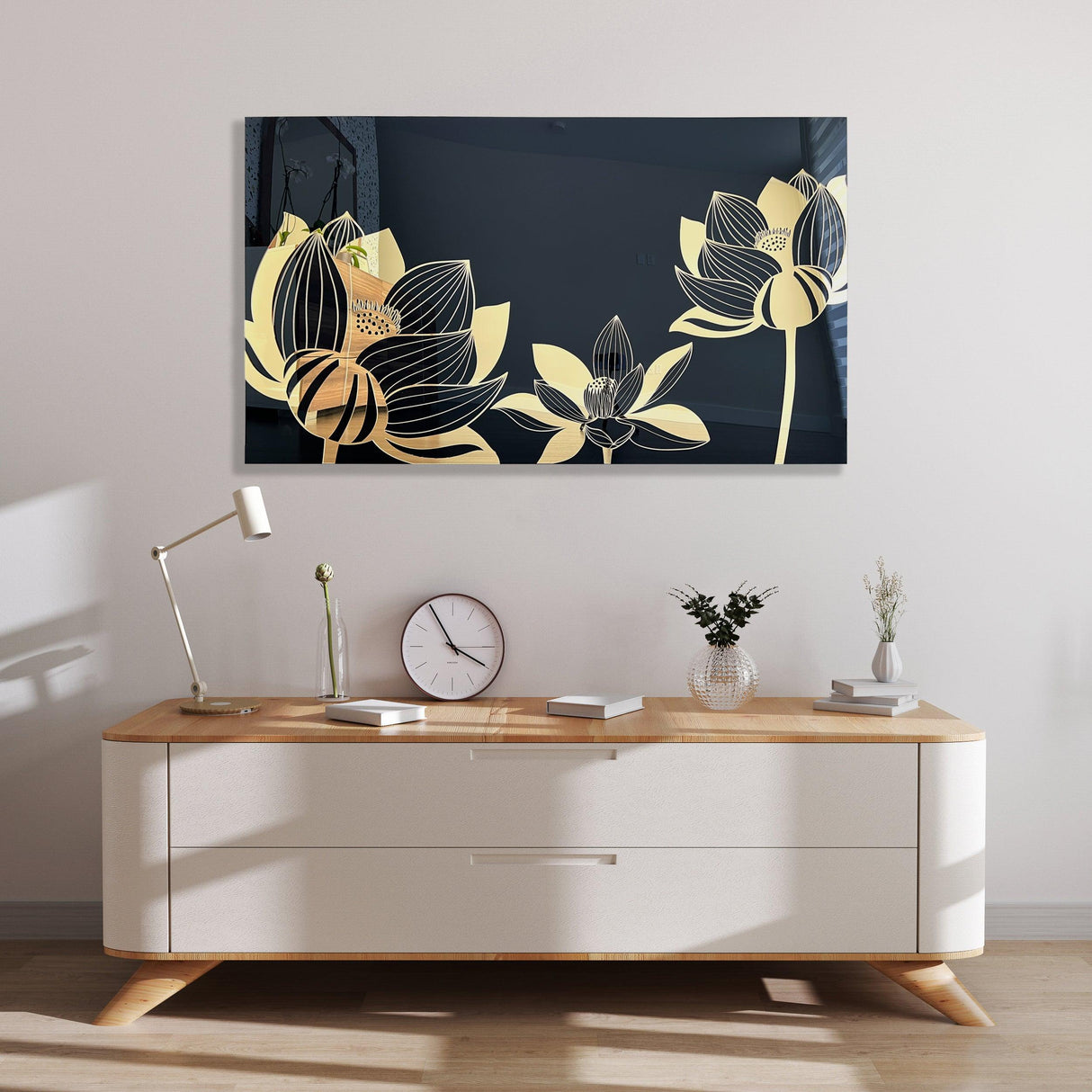 black-and-gold-extra-large-mirrored-acrylic-wall-art-made-in-usa-luxury-gift-wall-decor-modern-art-lotus-flower