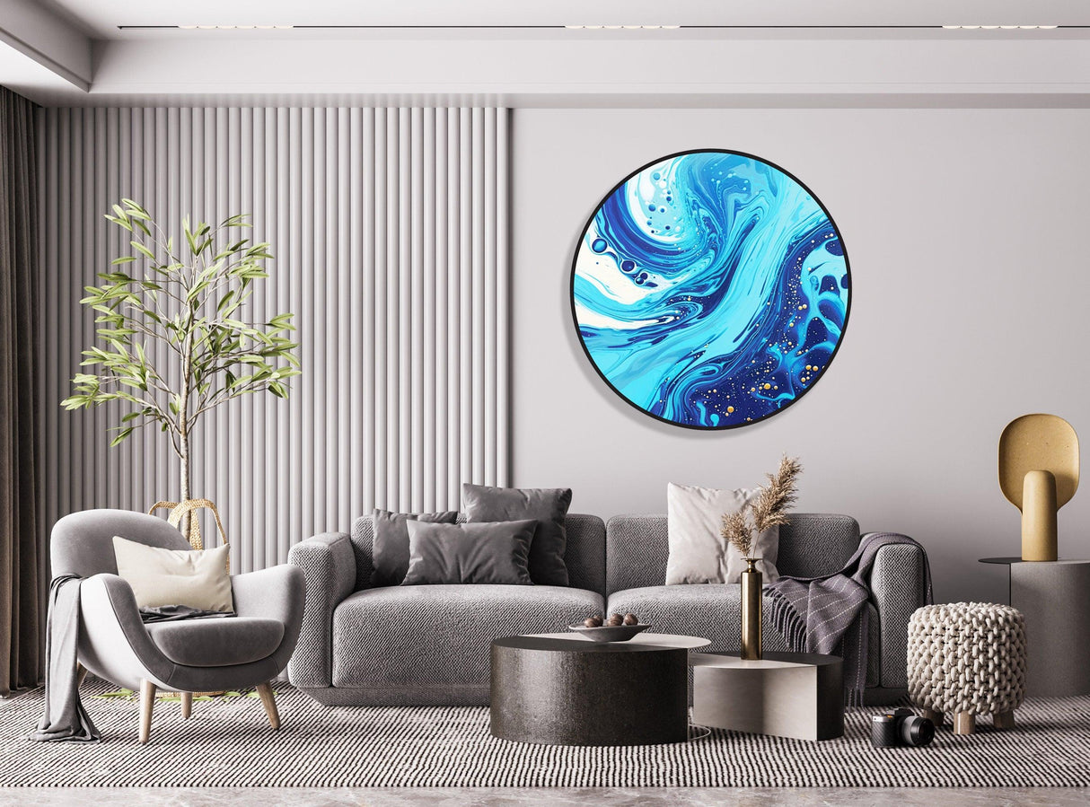 Blue Extra Large Wall Art Illuminated Round Display Artwork Abstract Wall Decor 3D Contemporary Art Lighted Wall Art Fluid Art LED Art 3