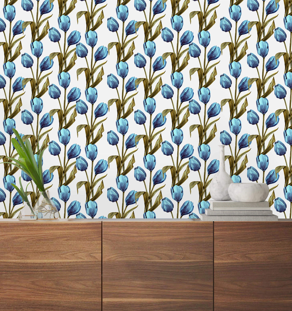 uniQstiQ Floral Blue Tulips Wallpaper Wallpaper