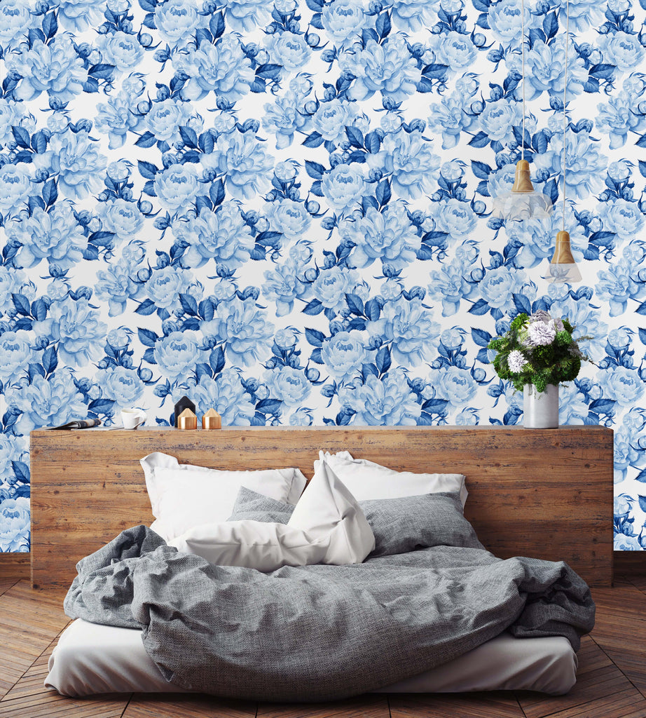uniQstiQ Floral Blue Watercolor Peonies Wallpaper Wallpaper
