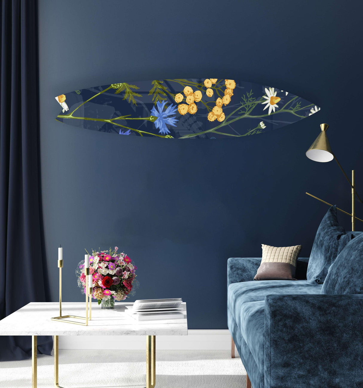 Colorful Herbs and Flowers on Dark Background Acrylic Surfboard Wall Art