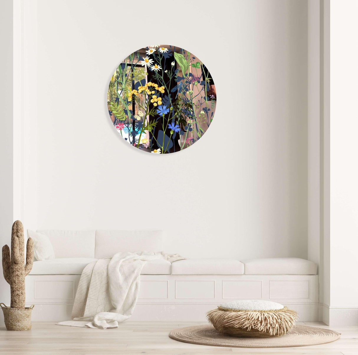 Colorful Herbs and Flowers on Dark Background Mirrored Acrylic Circles Contemporary Home DǸcor Printed acrylic