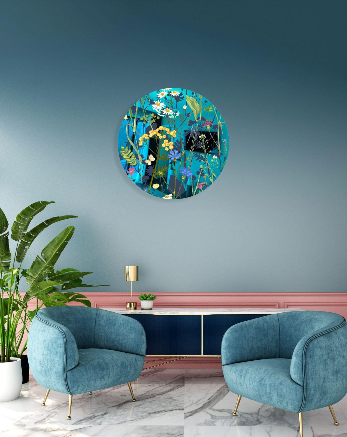 Colorful Herbs and Flowers on Dark Background Mirrored Acrylic Circles Contemporary Home DǸcor Printed acrylic
