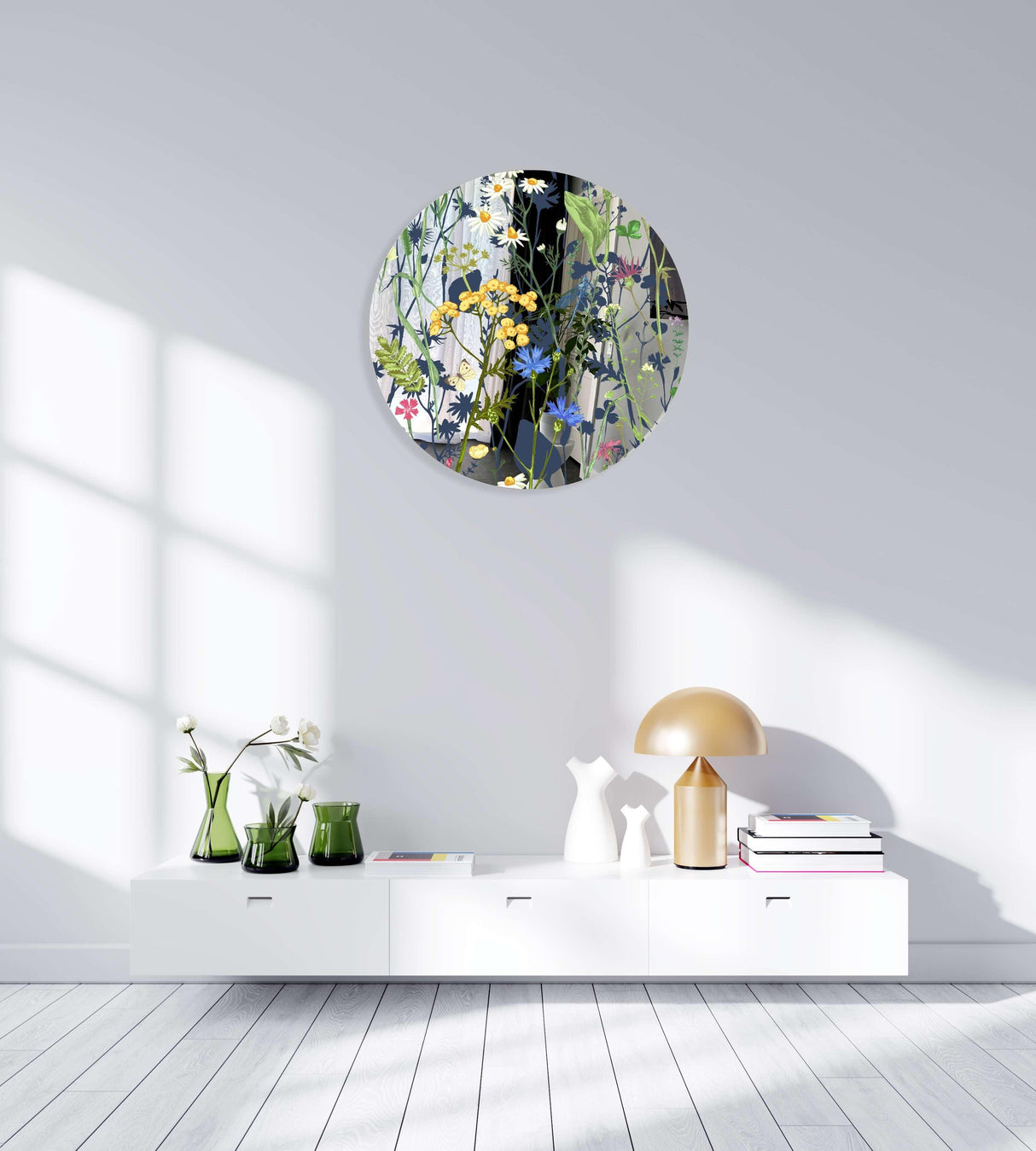Colorful Herbs and Flowers on Dark Background Mirrored Acrylic Circles Contemporary Home DǸcor Printed acrylic