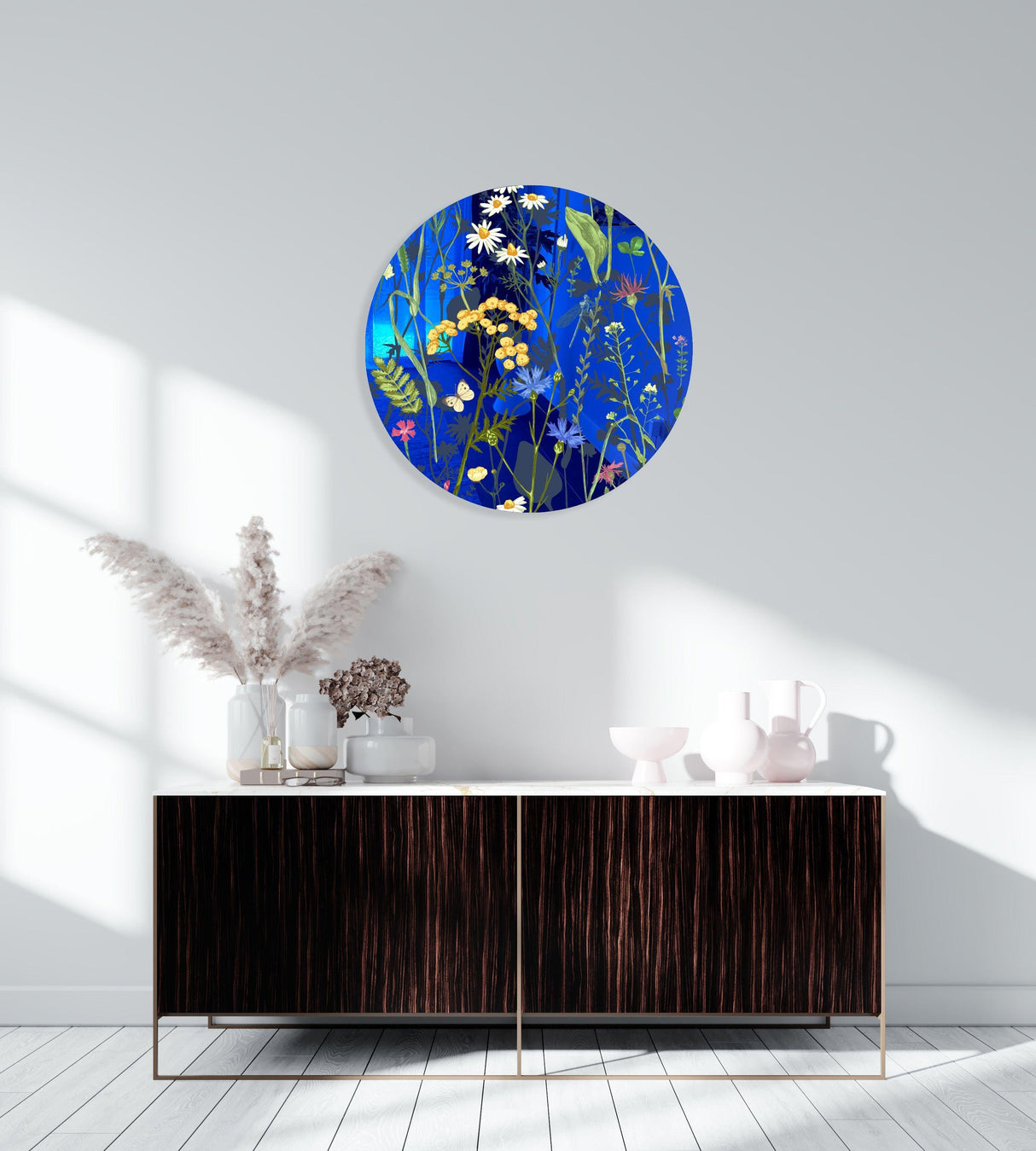 Colorful Herbs and Flowers on Dark Background Mirrored Acrylic Circles Contemporary Home DǸcor Printed acrylic