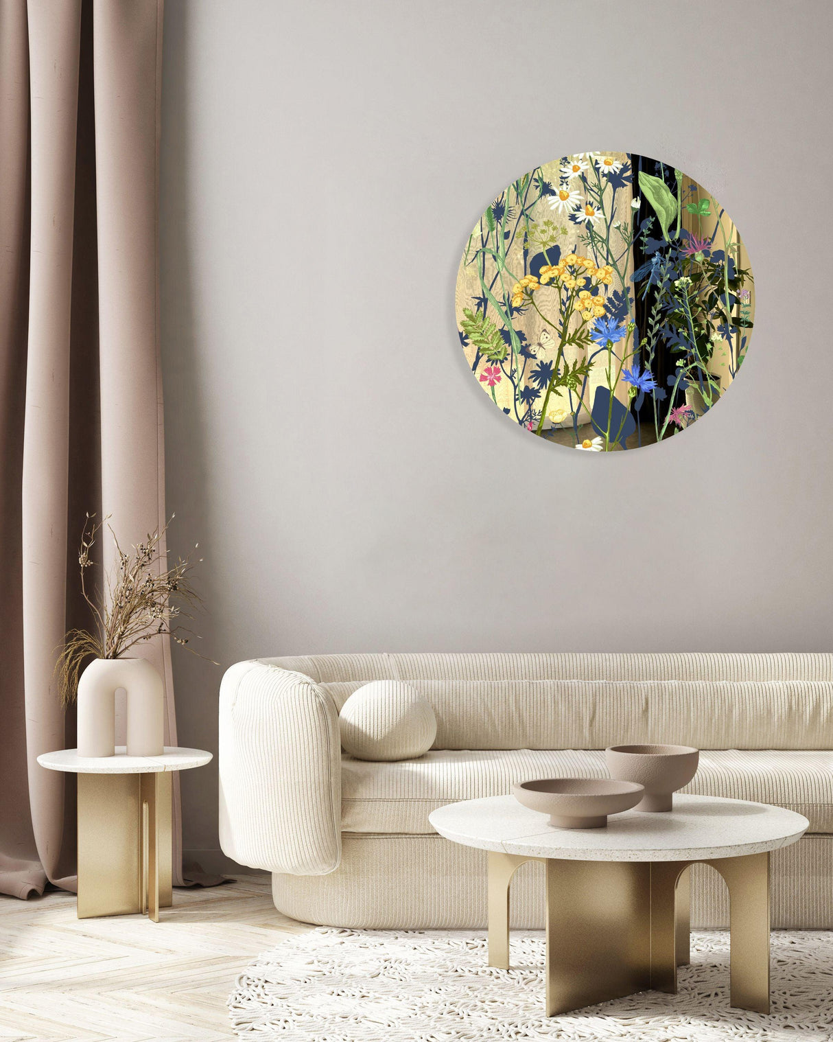 Colorful Herbs and Flowers on Dark Background Mirrored Acrylic Circles Contemporary Home DǸcor Printed acrylic