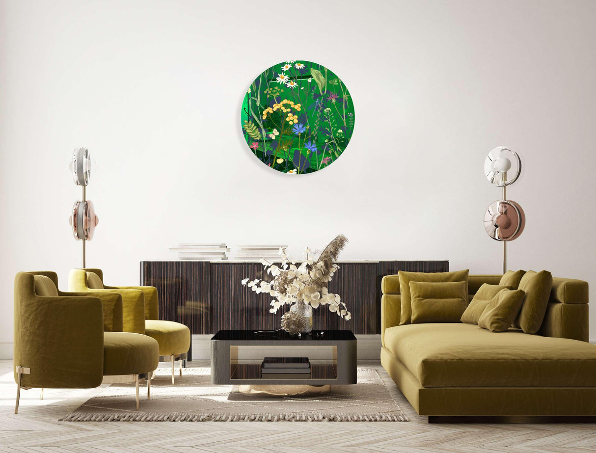 Colorful Herbs and Flowers on Dark Background Mirrored Acrylic Circles Contemporary Home DǸcor Printed acrylic