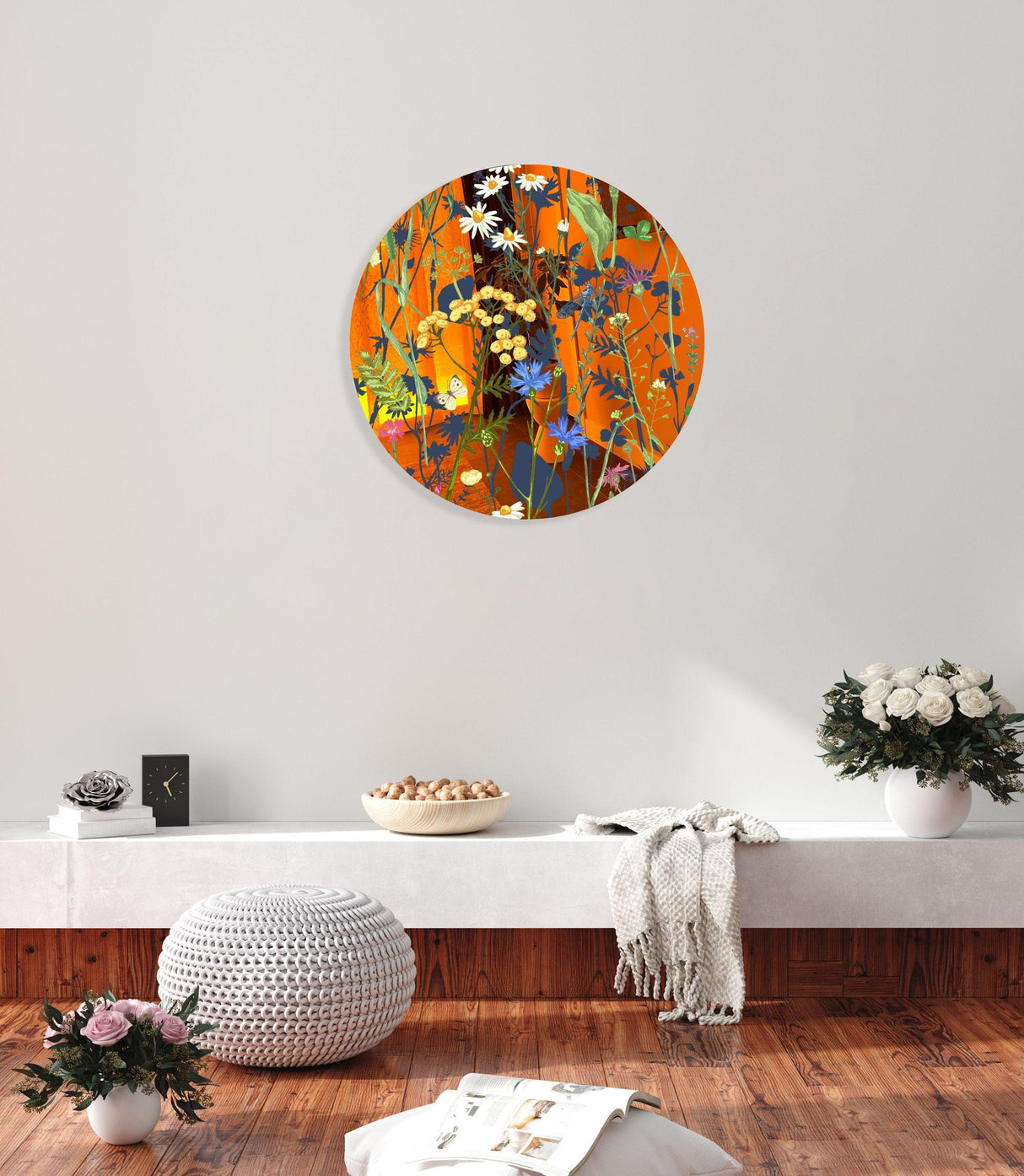 Colorful Herbs and Flowers on Dark Background Mirrored Acrylic Circles Contemporary Home DǸcor Printed acrylic