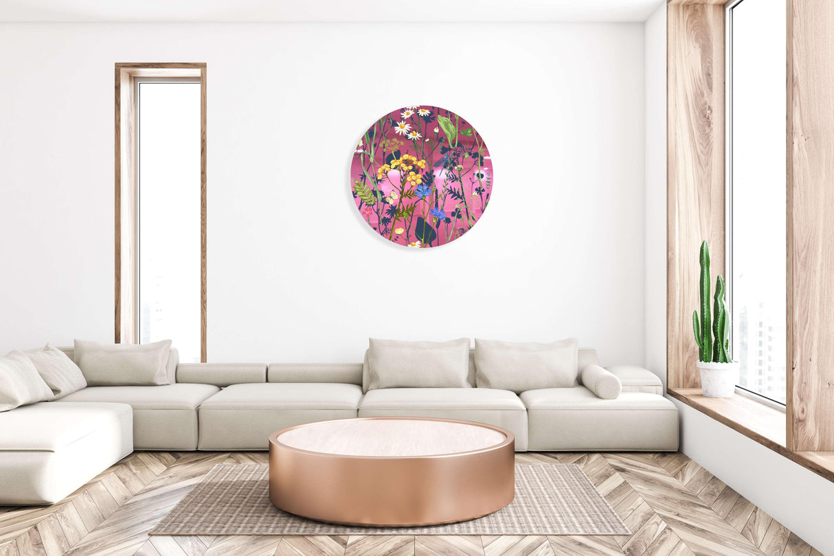 Colorful Herbs and Flowers on Dark Background Mirrored Acrylic Circles Contemporary Home DǸcor Printed acrylic