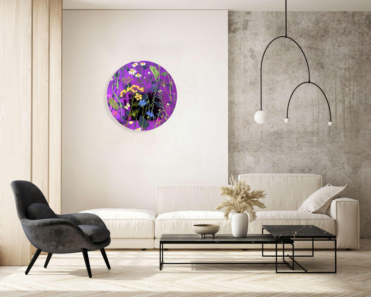 Colorful Herbs and Flowers on Dark Background Mirrored Acrylic Circles Contemporary Home DǸcor Printed acrylic