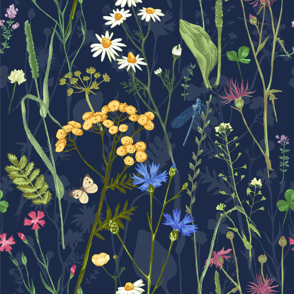 uniQstiQ Botanical Colorful Herbs and Flowers on Dark Background Wallpaper Wallpaper